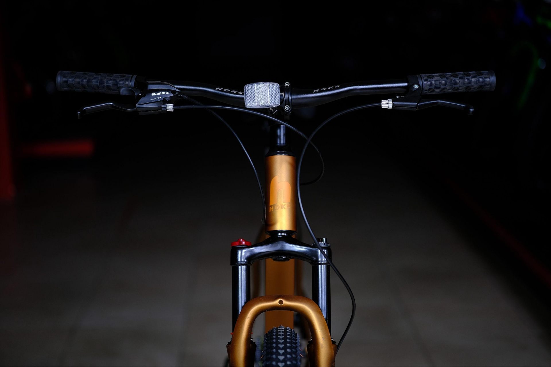 Вилка амортизационная пружинная 100 mm с функцией регулировки и блокировки хода (механическая блокировка)
 HOKE ONE WAY 29 матовый коричневый-золотой 17